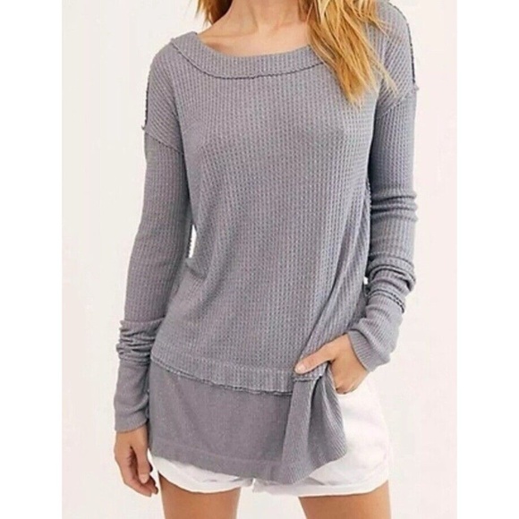We the Free Free People Gray North Shore Long sleeve Thermal Top - sz M - Picture 1 of 12